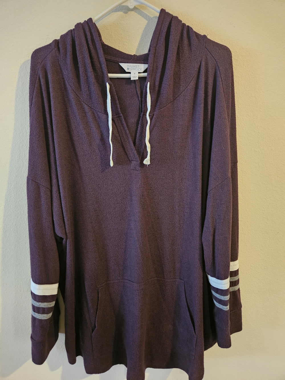 Market & Spruce Plum Hooded Pullover with Striped Sleeves